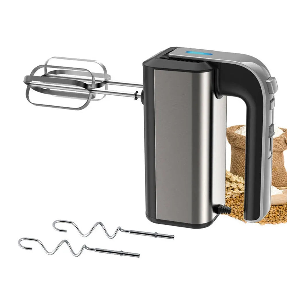 Silver handheld electric kitchen whisk with stainless steel beaters and speed control dial