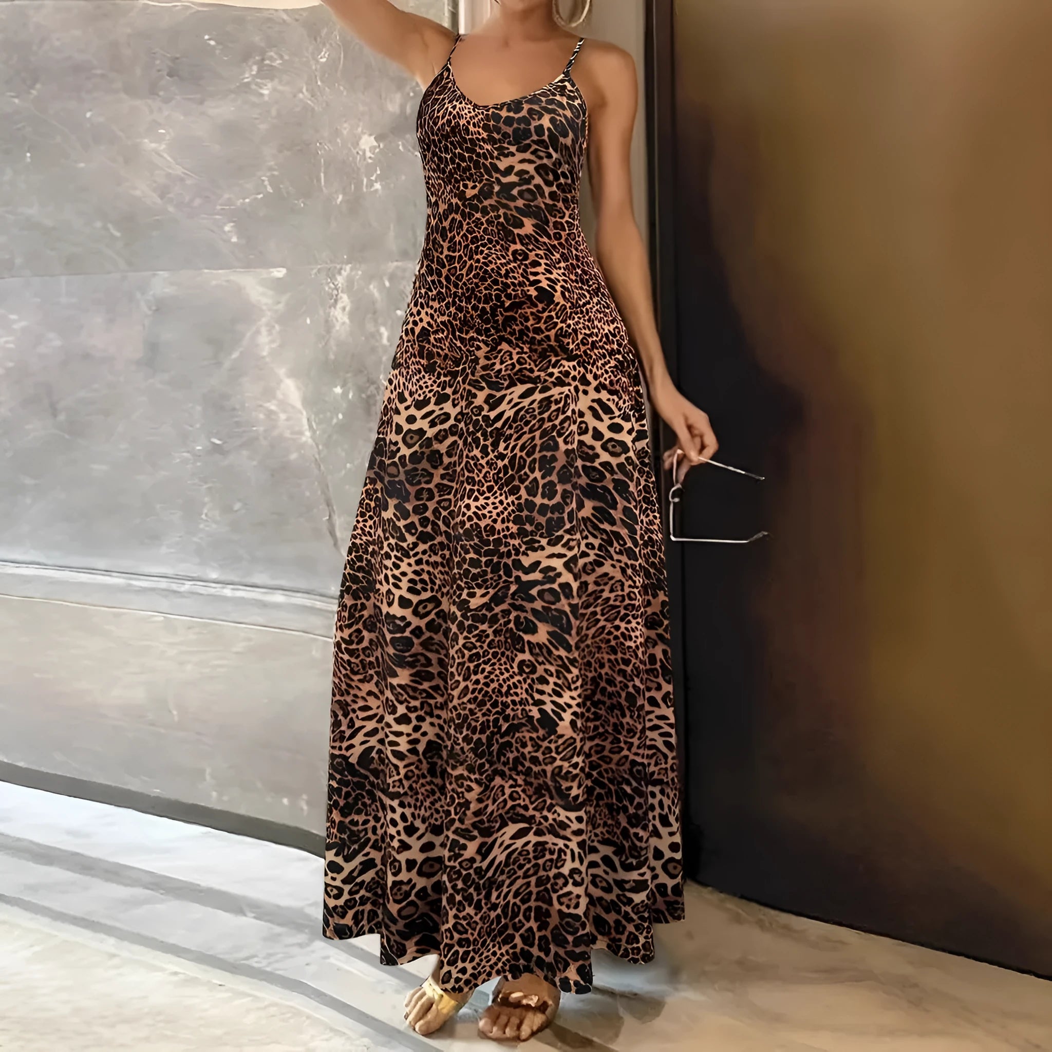 Dark brown leopard print casual dress with sleeveless round neck and shoulder strap design