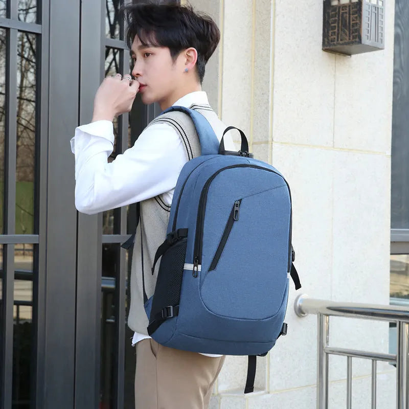 Men's Oxford cloth computer backpack in solid colour with street trend style.