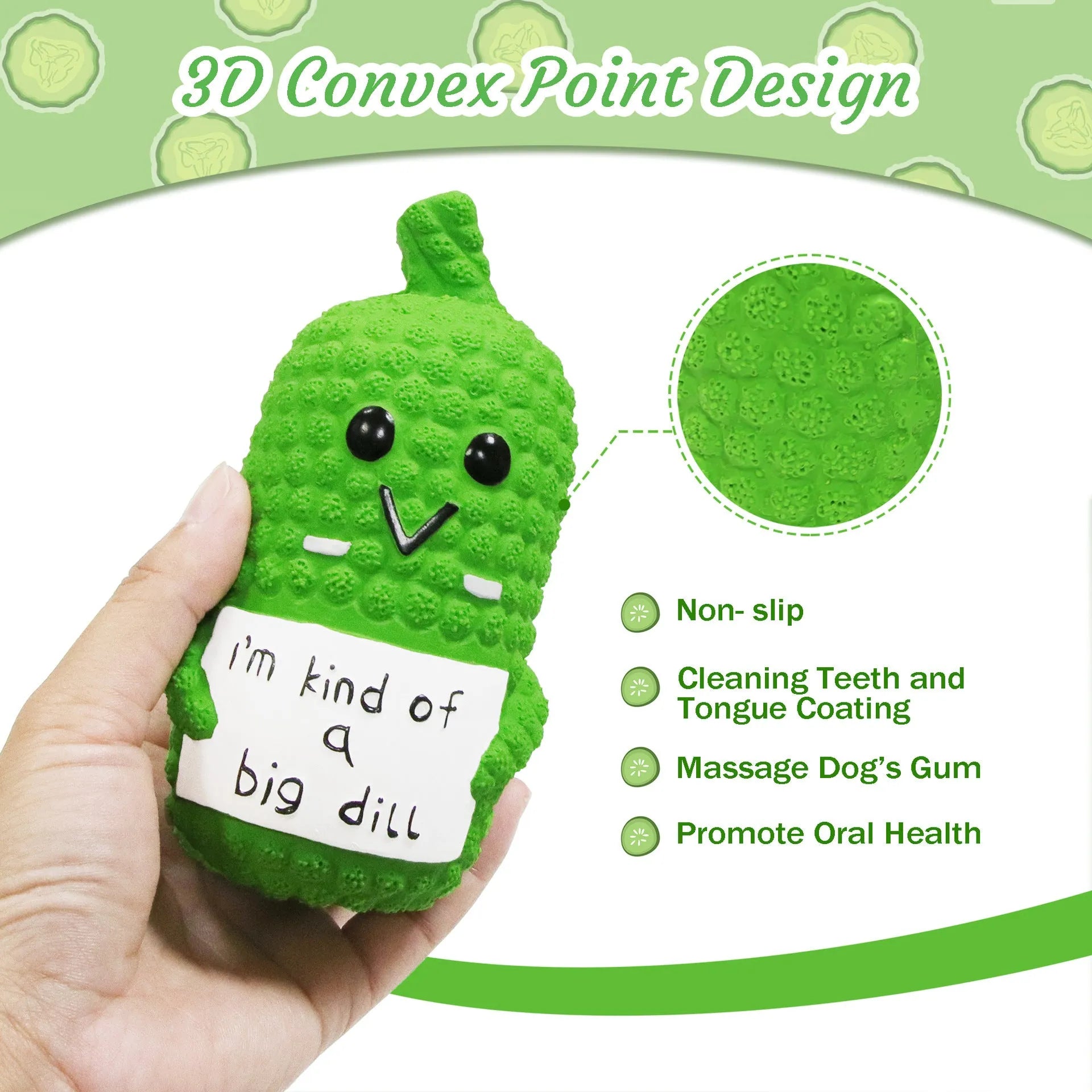 Green latex pickle-shaped dog squeaky toy with a textured surface.