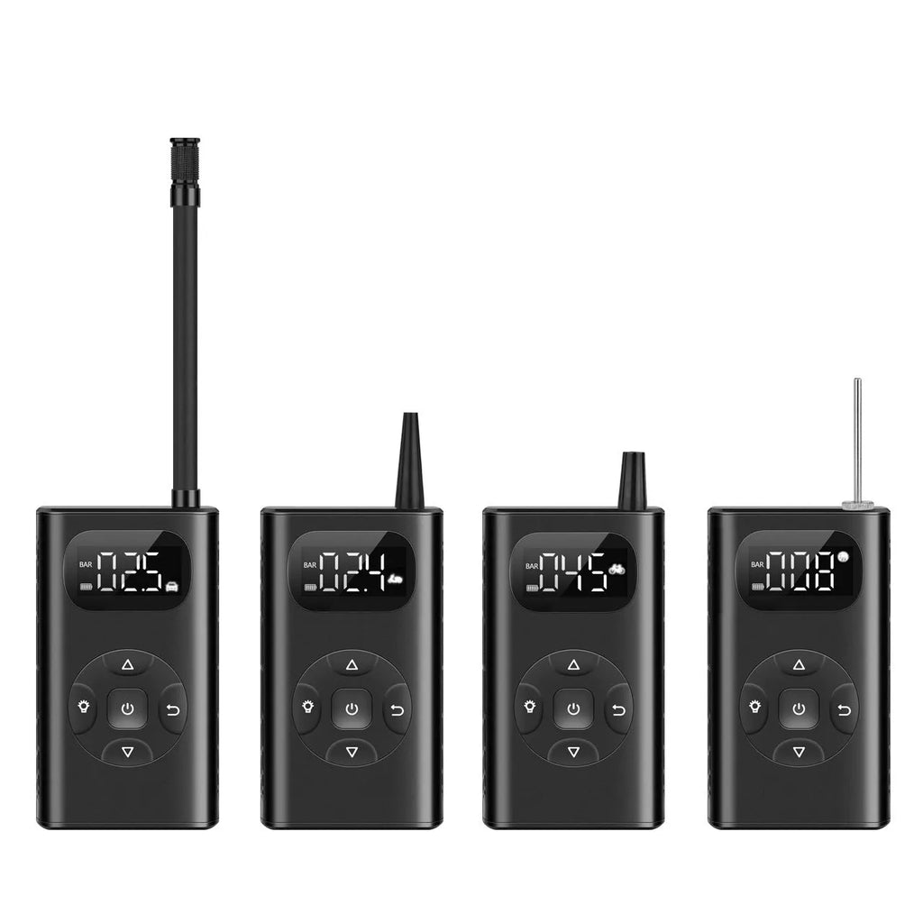 Black portable power bank air compressor for car and motorcycle tyres with USB cable