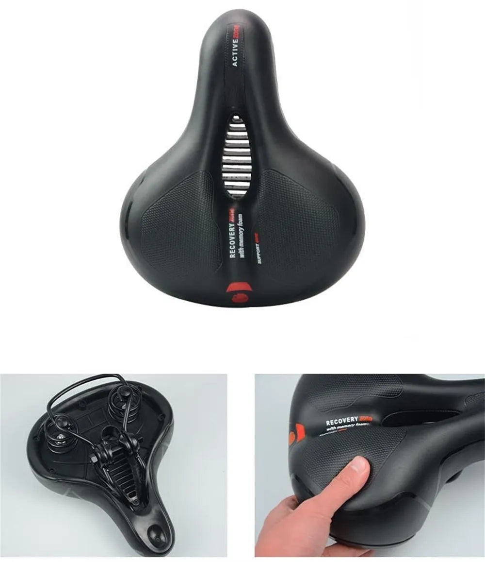 Thickened silicone bicycle saddle cushion with waterproof cover and tools kit on a bike seat.