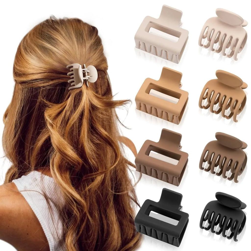 Six rose red plastic hair clips with quadrilateral shape and frosted grip, presented in an OPP bag.