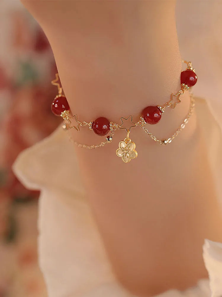Red agate double layer bracelet with floral motifs for women's ethnic jewellery