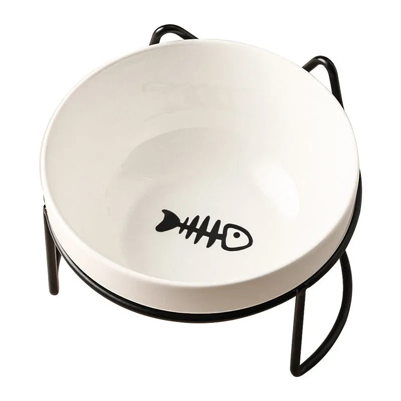 White ceramic cat bowl with cat paw design in black iron frame