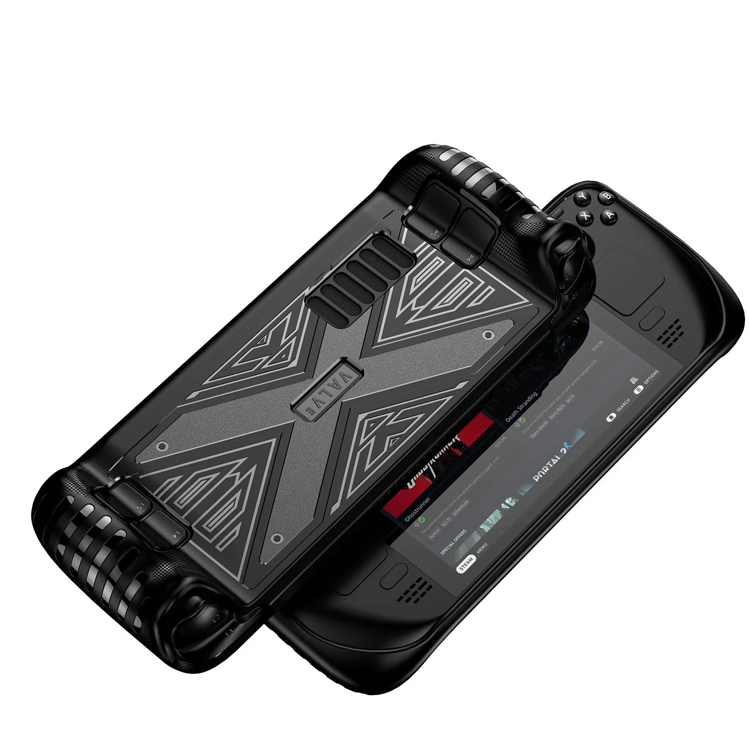 Steam Deck protective silicone soft shell case in TPU material showing black blue red colour options