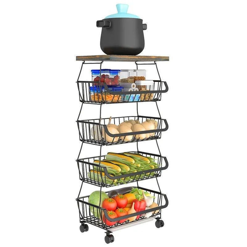 Black six-tier freestanding kitchen storage trolley with metal frame.