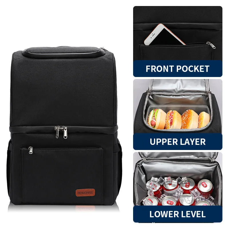 Blue insulated waterproof picnic backpack with 22L capacity and ice pack compartments
