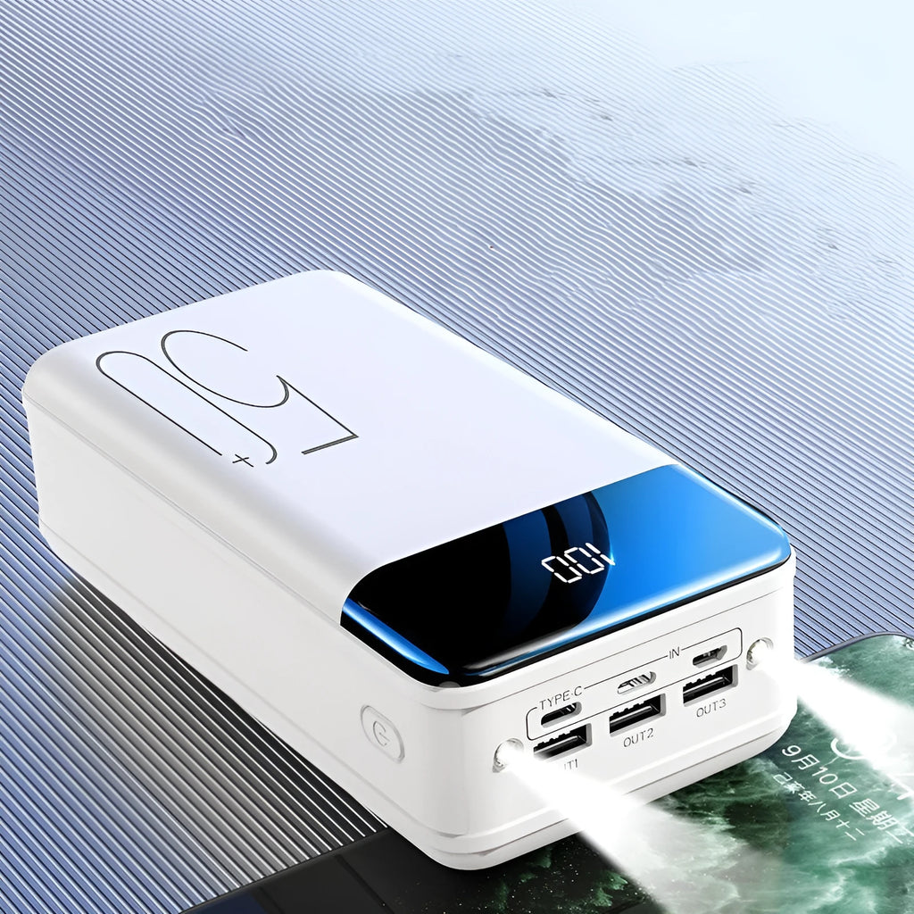 50000mAh power bank with three USB output ports in black or white plastic case