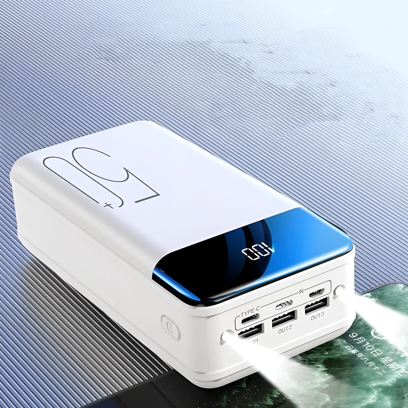 50000mAh power bank with three USB output ports in black or white plastic case