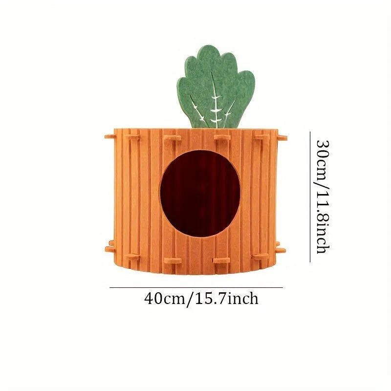 Grey felt cat tunnel with a semi-enclosed drilled design, shown in medium and large size options.