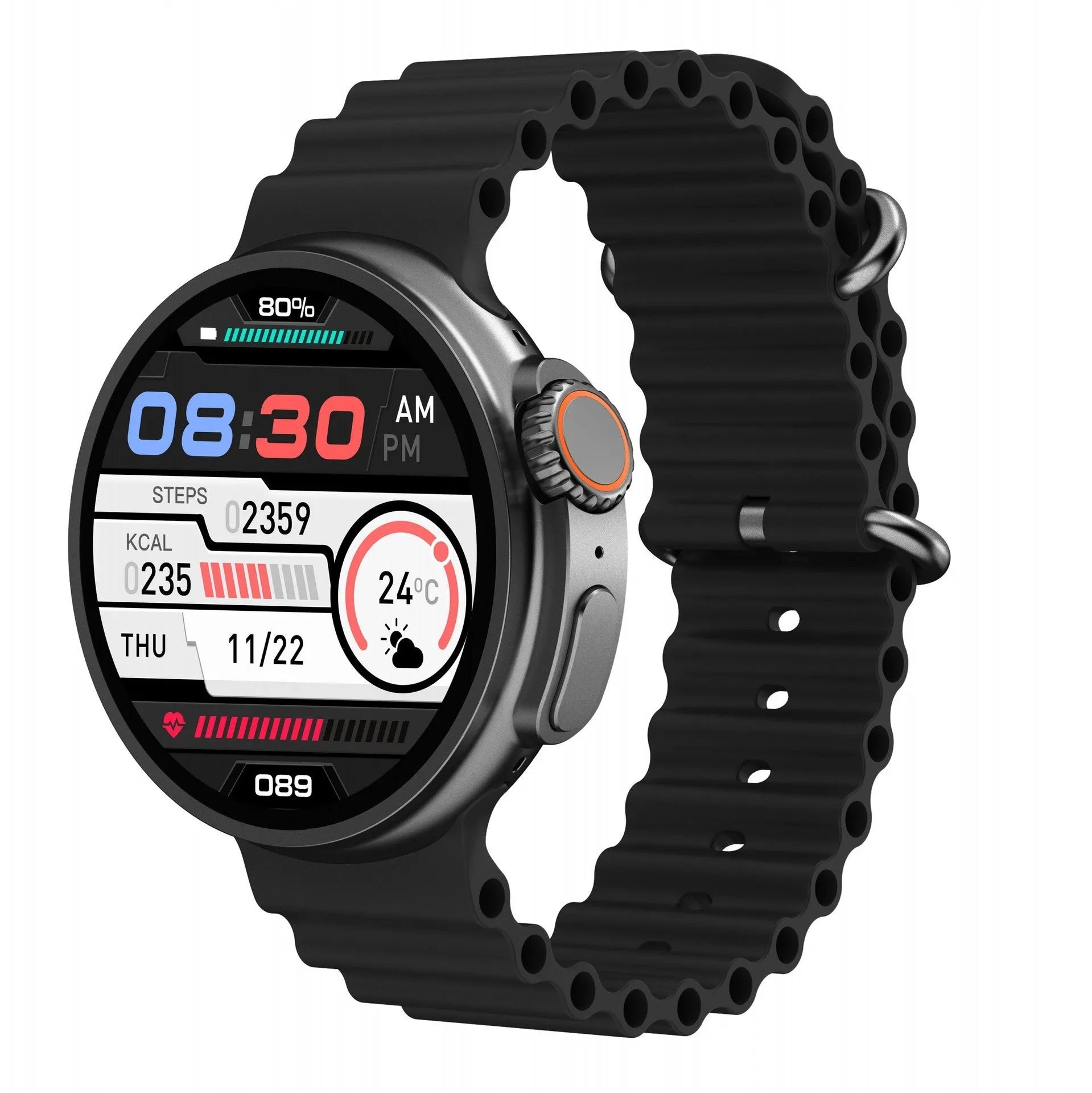 K9 smart watch with 44mm round case and silicone strap showing health metrics on 1.39 inch screen