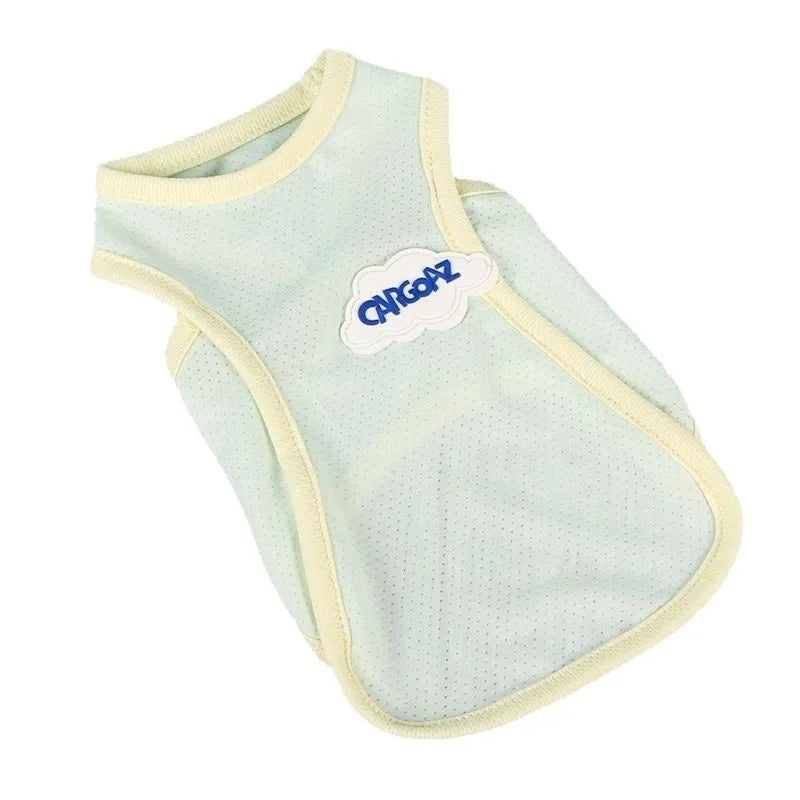 Lightweight polyester cat vest in grass green colour showing sports-style design for summer pet wear