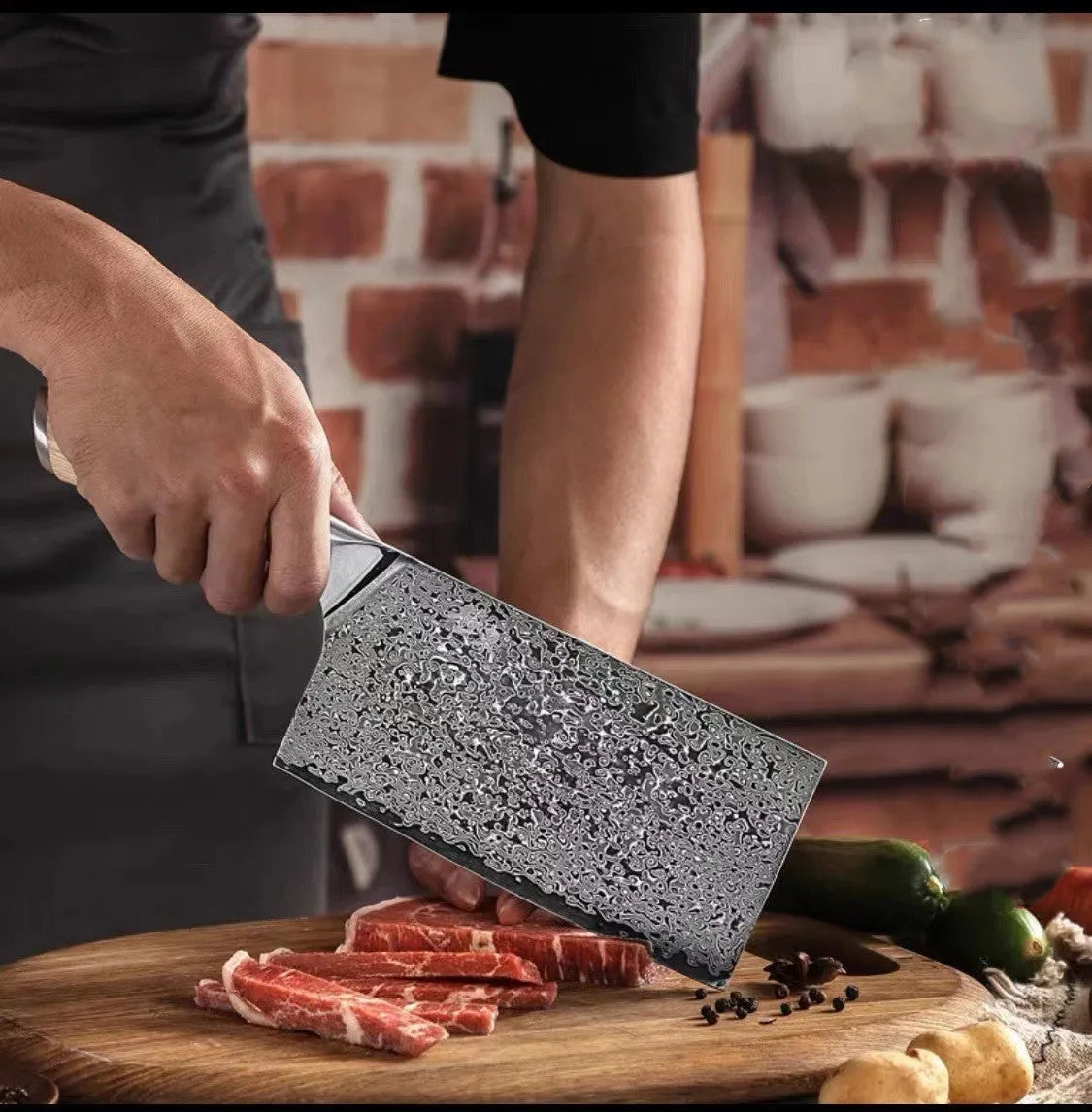 Damascus 12-piece kitchen knife set showing layered steel pattern on various blade sizes from 3.5-inch to 9-inch