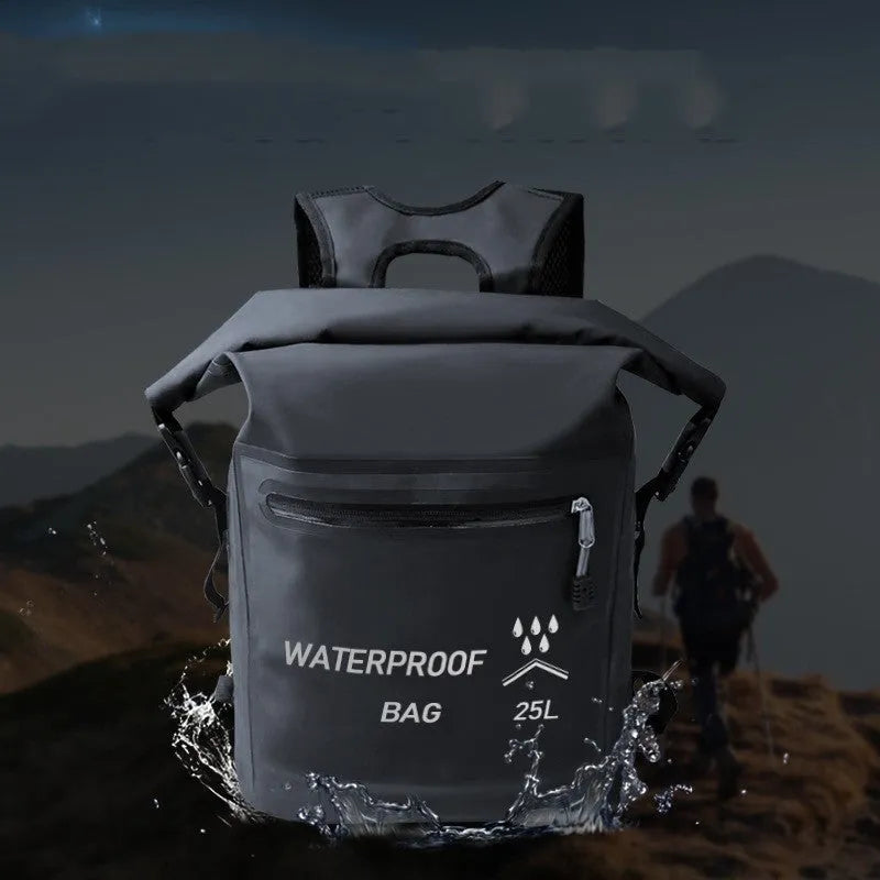 Black 25-litre waterproof backpack for outdoor swimming, river tracing and rafting activities.