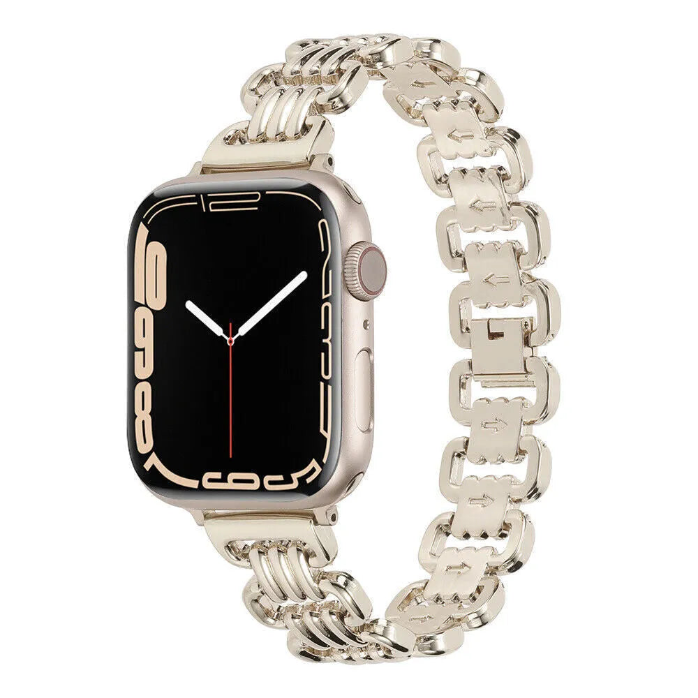 Metal alloy Apple Watch bracelet in silver colour showing band details and connector