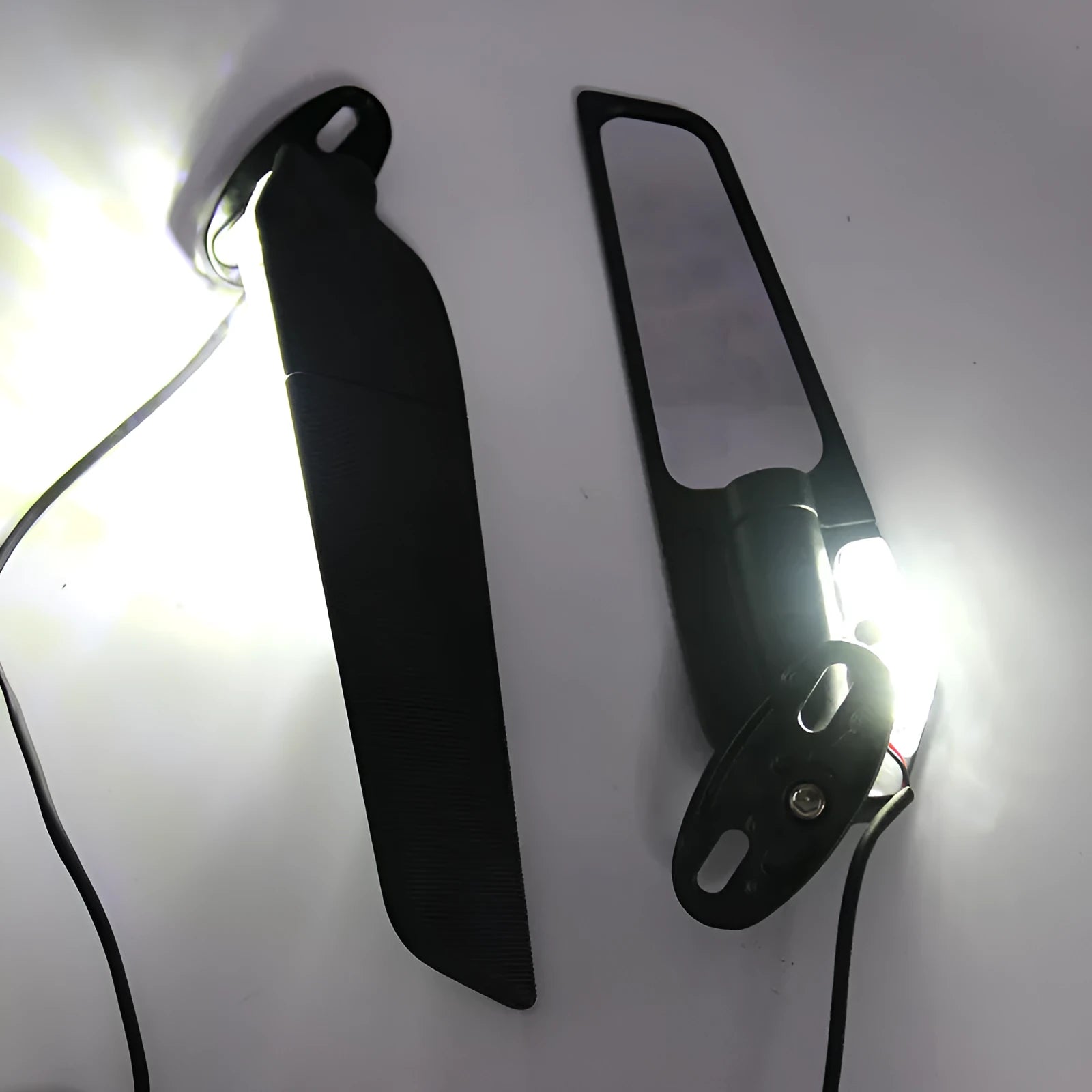 Pair of yellow-light aluminium motorcycle rearview mirrors with convex glass lenses.