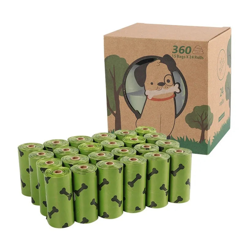 Military green degradable dog waste bags with black bone print measuring 23 by 33 centimetres