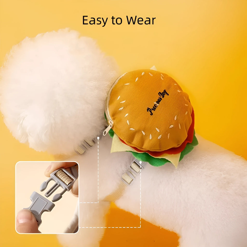 Cartoon hamburger design adjustable vest leash harness for a dog on a walk.