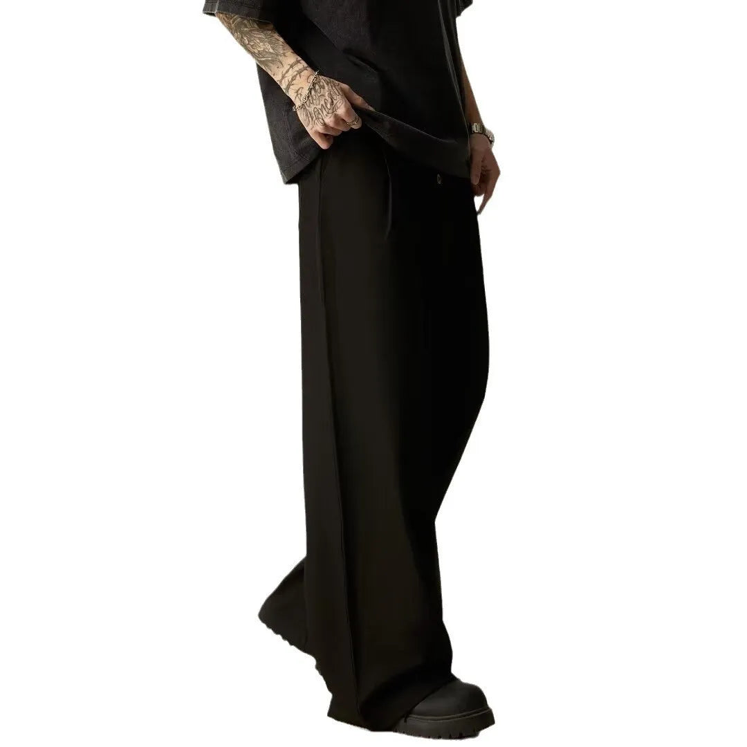 Men's black wide-leg casual trousers with straight-leg design and mid waist