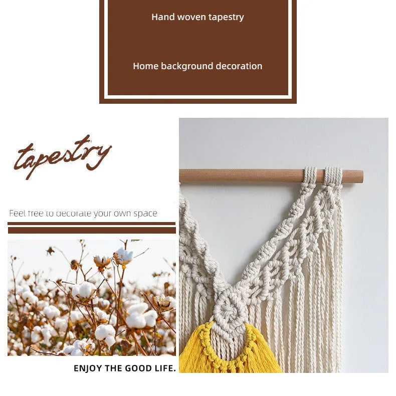 Hand-woven creamy white and yellow Nordic style cotton tapestry hanging on a wall