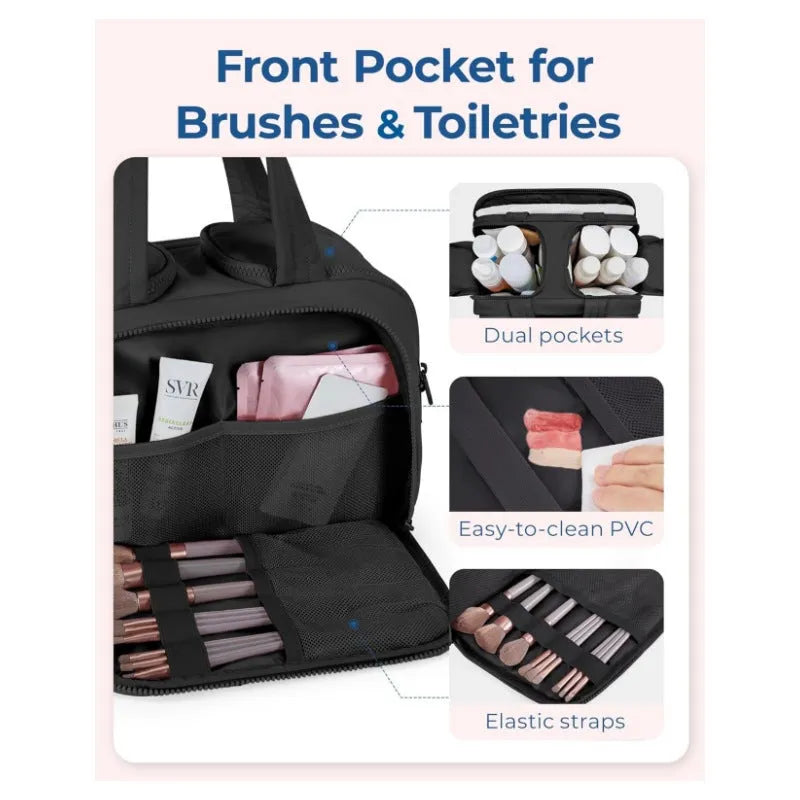 Large polyester travel wash bag with wide opening in black colour showing dimensions of 29.97 x 18.54 x 21.08cm