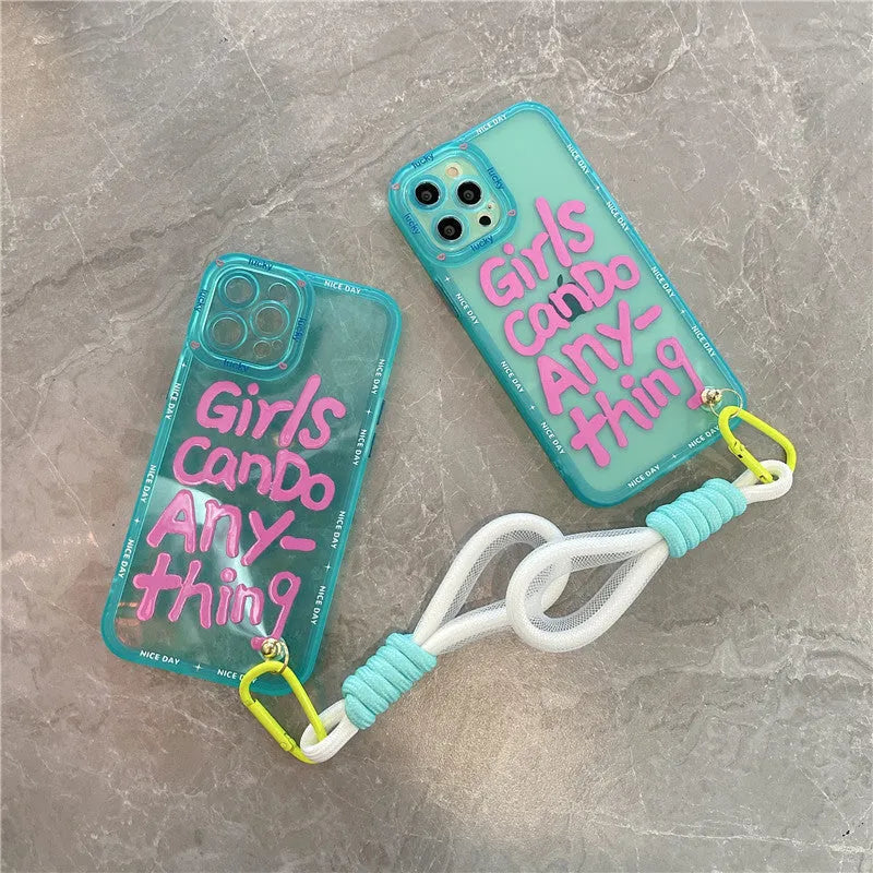 Graffiti art lanyard phone case for Apple iPhone with detachable strap in mint green colour