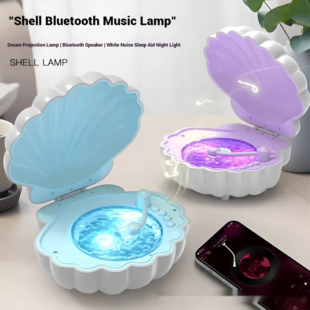 Retro vinyl record player styled shell lamp with integrated speaker and LED lighting in blue.