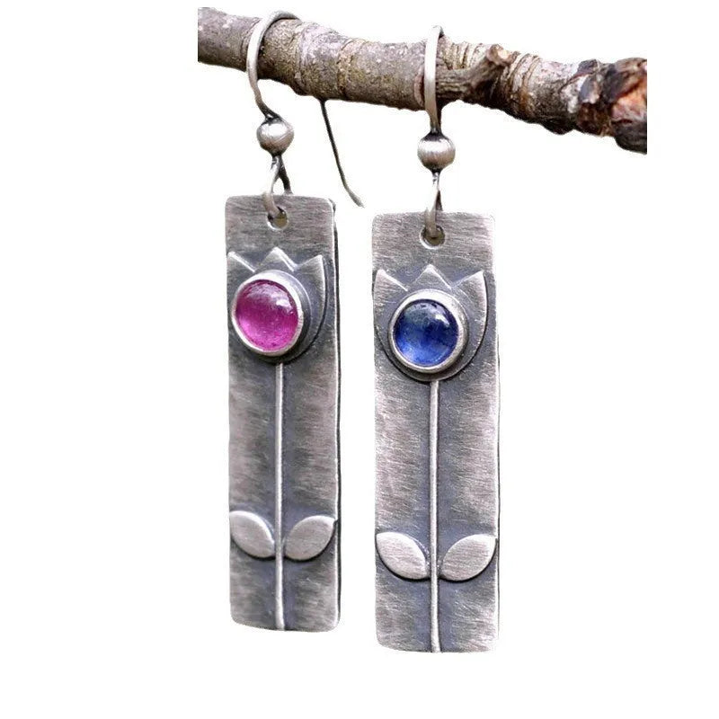 Antique finish red sapphire geometric drop earrings with ellipse pendant retro design