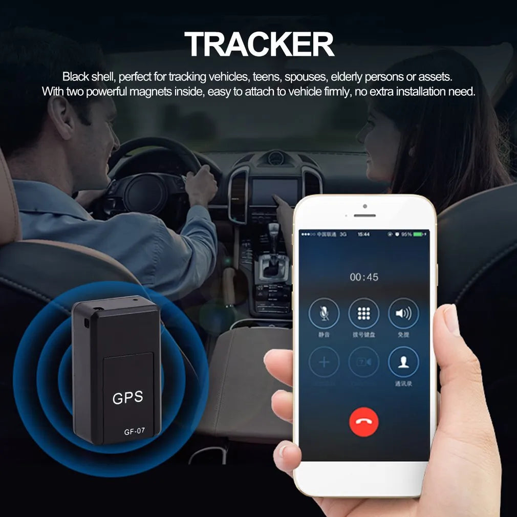 Small black magnetic GPS tracker device for cars with a USB charging cable.