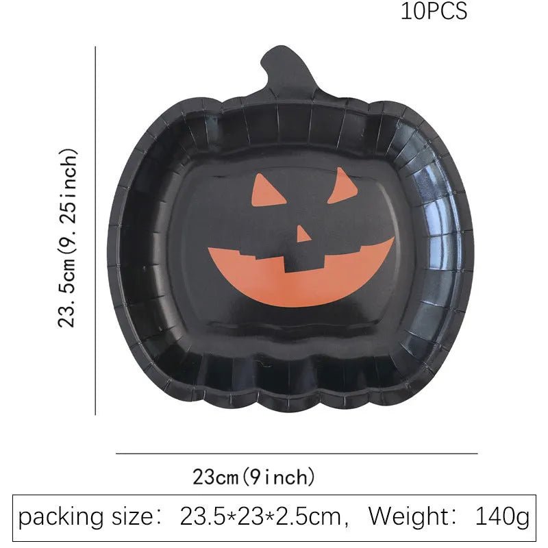 A pack of black disposable paper plates with a pumpkin design for Halloween, shown in 9-inch size.