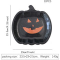 A pack of black disposable paper plates with a pumpkin design for Halloween, shown in 9-inch size.