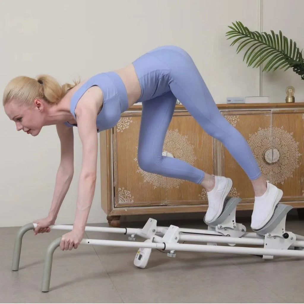 Foldable white treadmill climbing machine with integrated climbing frame for home fitness workouts