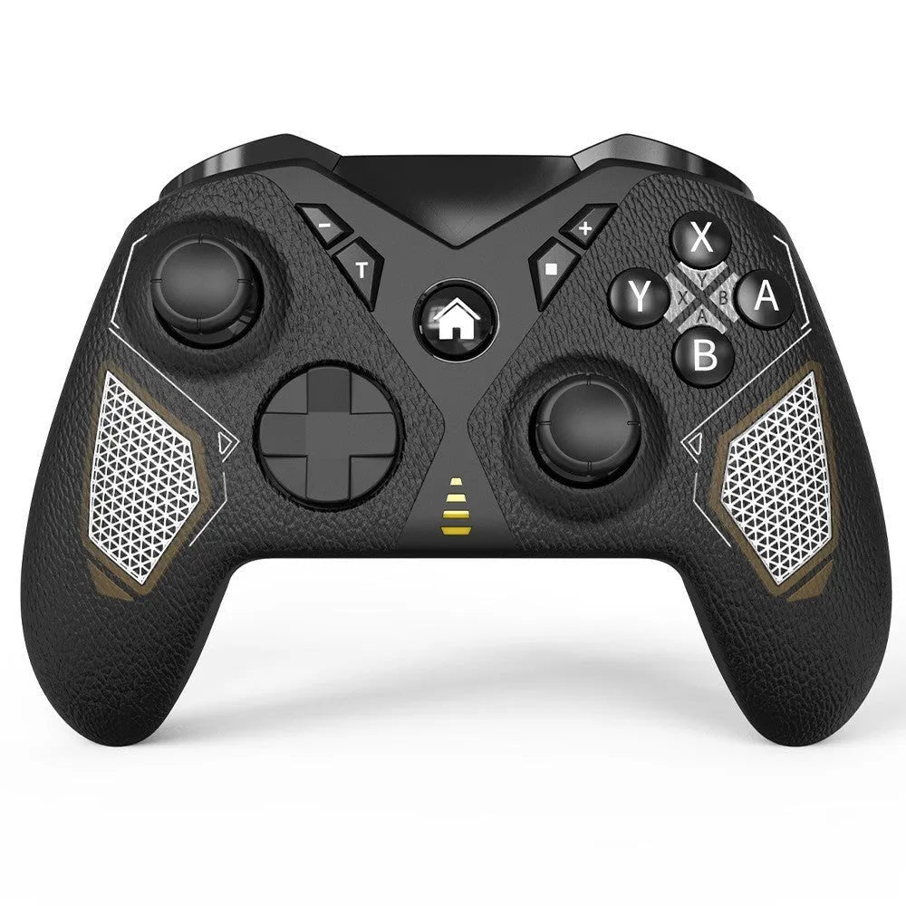Black wireless Nintendo Switch controller with leather pattern texture on ABS plastic body