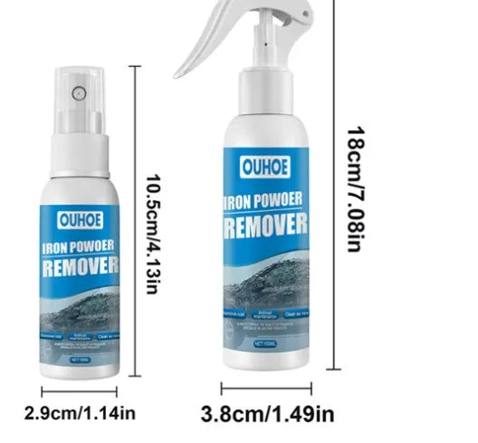 Automotive iron powder rust remover spray bottle with blue square sponge and towel application options.