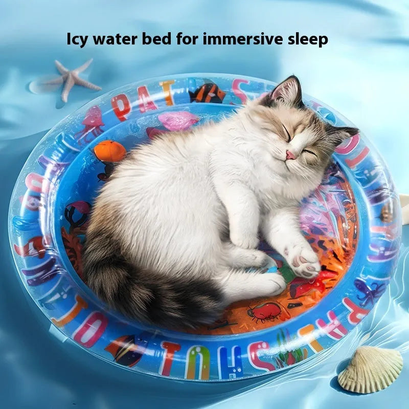 PVC inflatable water bed cooling mattress for cats showing dolphin or shark design options