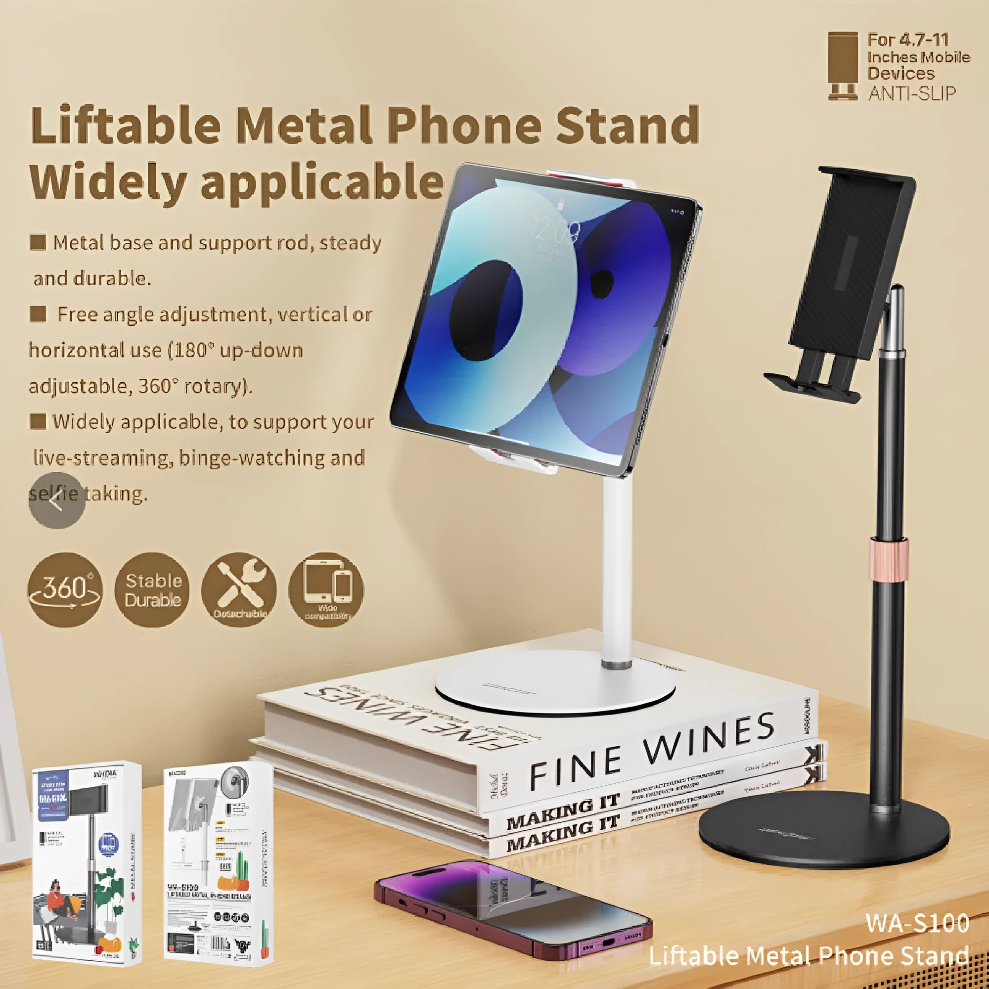Black lifting metal tablet bracket with telescopic arm extended, holding an 11-inch tablet on a desk.