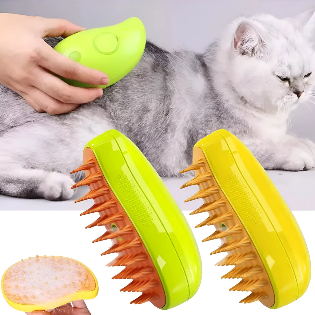 3-in-1 cat steam brush 9.6x7x5cm plastic pet grooming comb in green or yellow