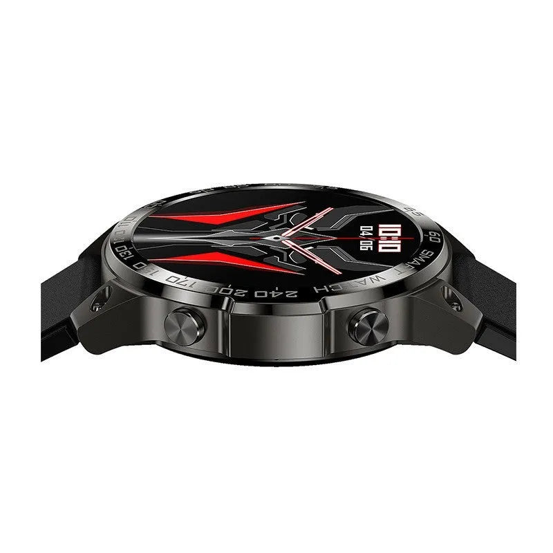 Bluetooth call sports watch with round AMOLED display on a silicone strap, showing health metrics.
