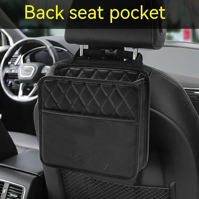 Leather car hanging storage bag organiser measuring 25x25x8cm in black, pink, green, or white