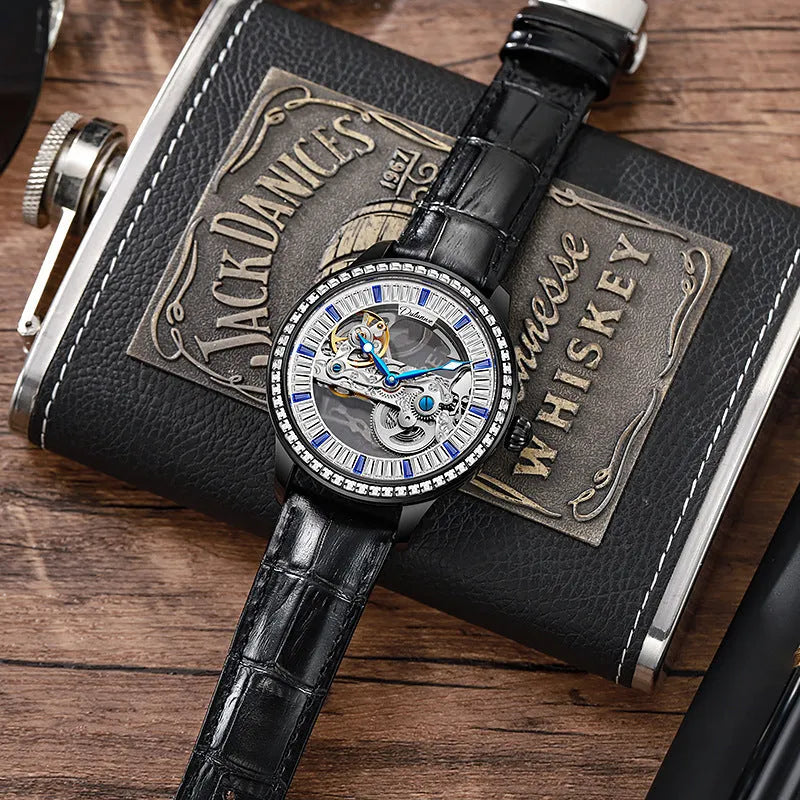 Luxury men's zircon mechanical watch with rose gold stainless steel belt and transparent case back