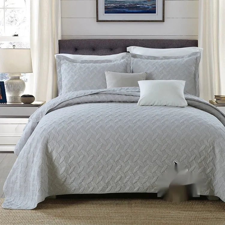 Pure cotton bed cover three-piece set in solid colours with embroidery detail for standard double beds