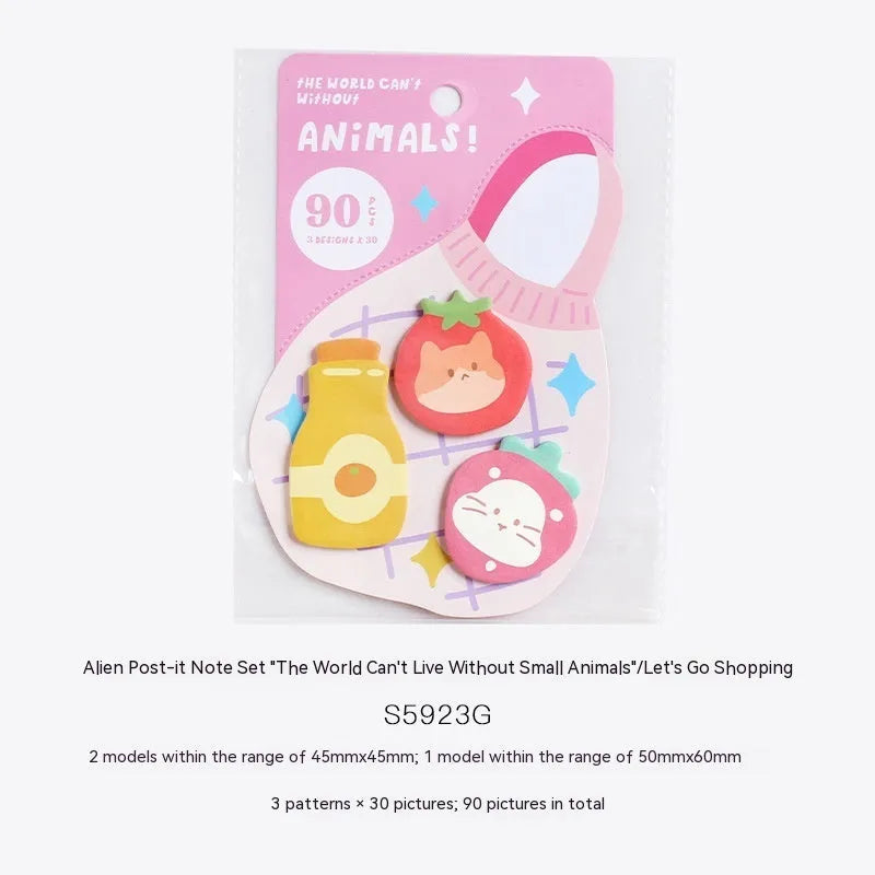 Animal-shaped sticky note set with 90 pages showing six different animal-themed designs
