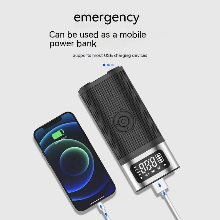 Black portable wireless vehicle air pump with USB-C cable and multiple inflation nozzles in storage bag