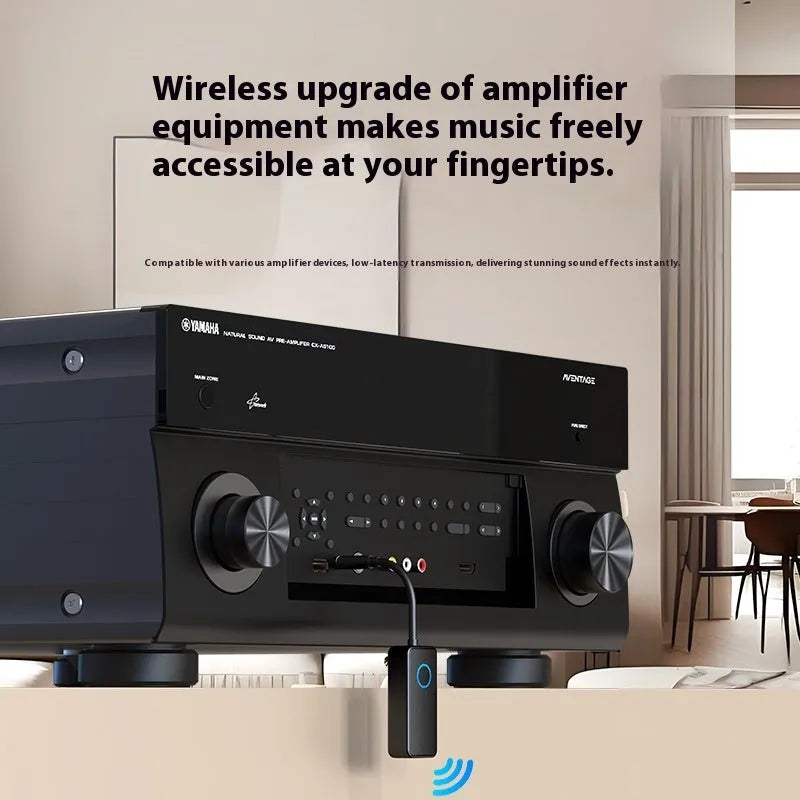 Black Bluetooth 5.4 audio adapter with flexible 3.5mm aux plug shown next to a mobile phone.
