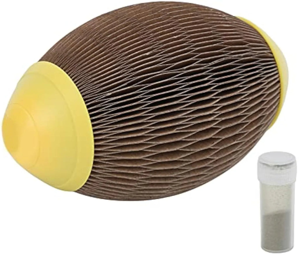 Ellipse‑shaped corrugated paper catnip football toy for cats with scratch surface