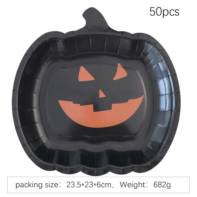 A pack of black disposable paper plates with a pumpkin design for Halloween, shown in 9-inch size.