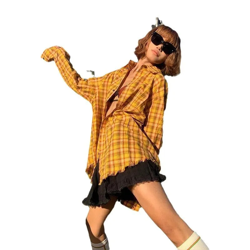 Dopamine yellow plaid shirt with loose cardigan style in polyester blend fabric