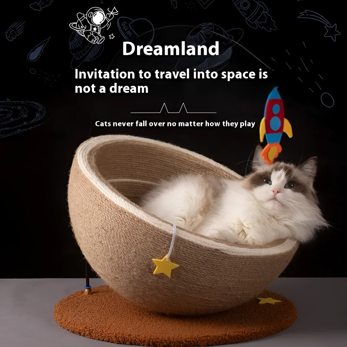 Large integrated cat scratching board and flannel-lined cat nest in starry sisal colour on wooden base.