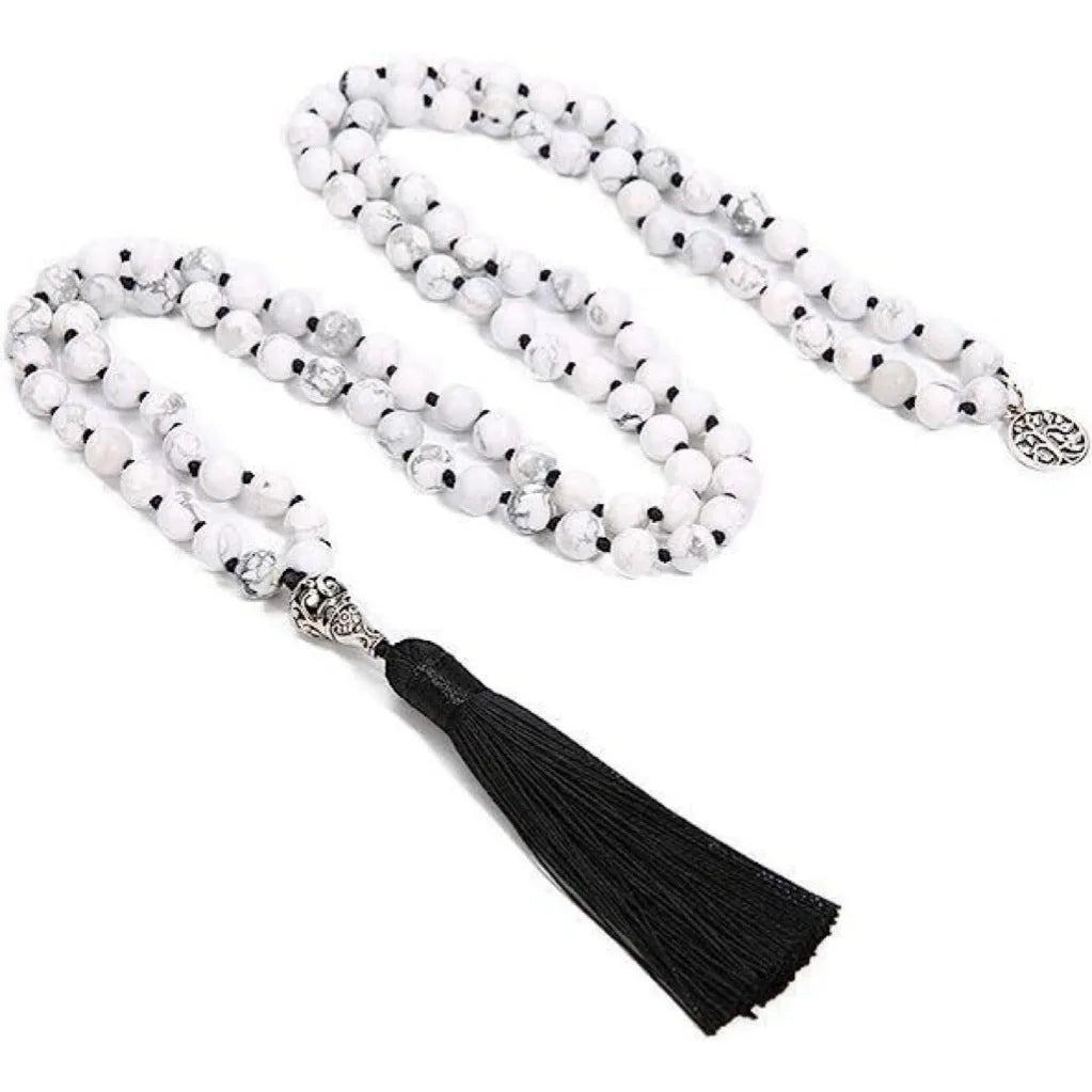 Handmade stone beaded necklace with 108 knotted 8mm beads in various natural colours on a 81cm strand